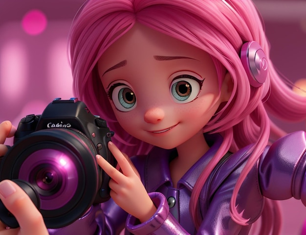 Une image de dessin animé d'une fille tenant un appareil photo avec les mots café dessus.