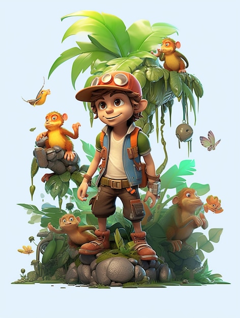 Une image de dessin animé d'un garçon avec un chapeau et un sac à dos debout dans une jungle.