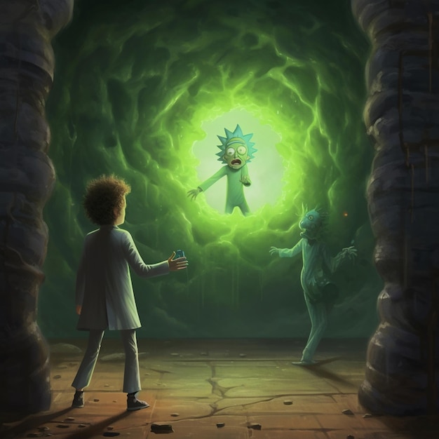 une image de dessin animé d’un homme pointant du doigt un monstre avec un fond vert.