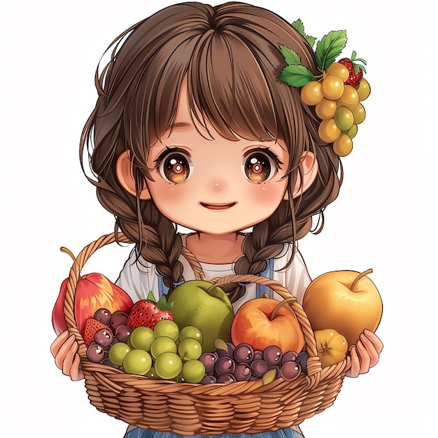 Image de dessin animé kawaii d'une fille avec des fruits