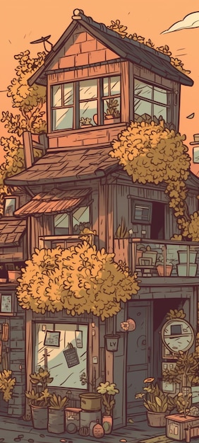 Une image de dessin animé d'une maison avec un balcon et un arbre sur le côté gauche.