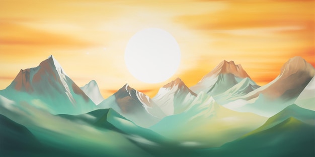 Une image de dessin animé de montagnes avec le coucher de soleil derrière eux.