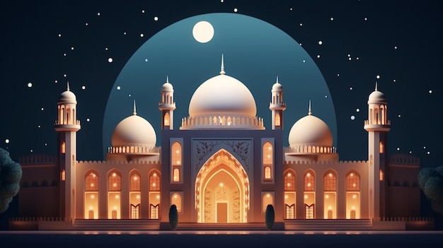 Une image de dessin animé d'une mosquée avec une pleine lune en arrière-plan