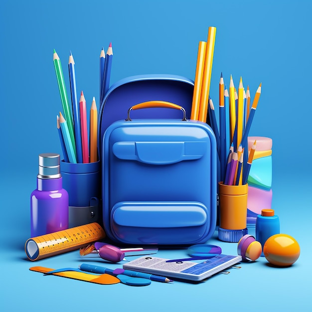 Image de dessin animé photo d'une fournitures scolaires réalistes et brillantes avec un fond de couleur blanche