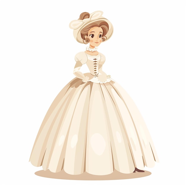 une image de dessin animé plate d'une adorable femme blanche de Southern Bell portant une robe de style avant-guerre