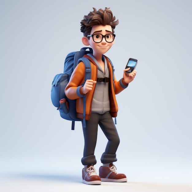 Image de dessin animé professionnel en 3D d'un étudiant avec des lunettes et un sac à dos