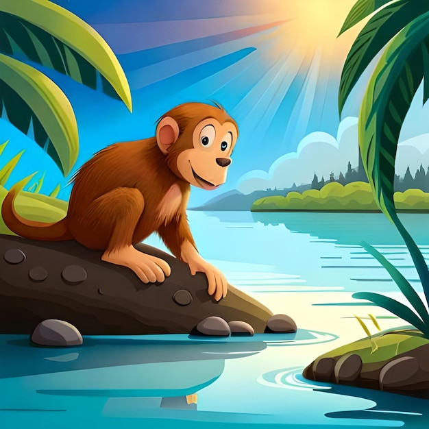 Une image de dessin animé de singes tournant la tête vers la caméra et assis près de la rivière 03