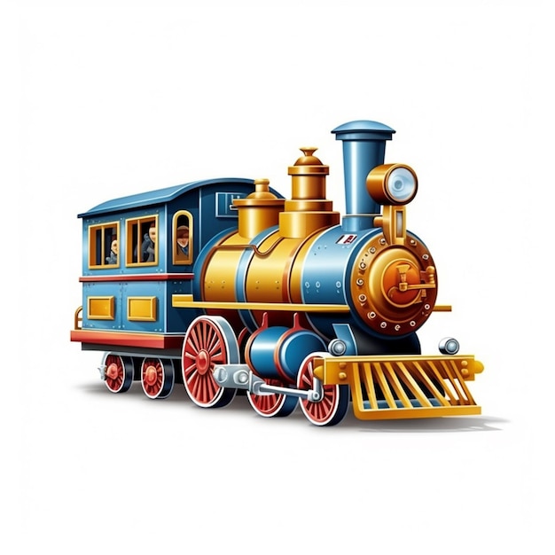 Une image de dessin animé d'un train avec un moteur bleu et or.