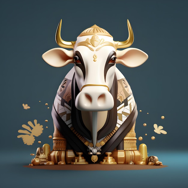 Une image de dessin animé d'une vache avec un collier en or et un collier en or