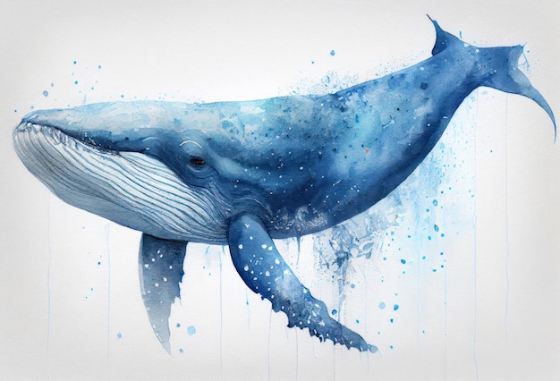 Image d'un dessin à l'aquarelle d'une baleine bleue IA générative