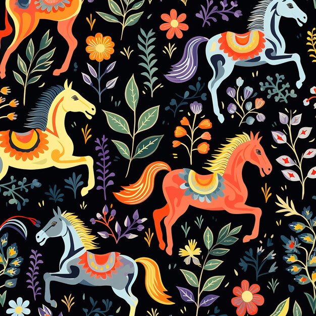 Image de dessin de motif utilisant un cheval et des fleurs et des feuilles Animales sauvages Illustration IA générative