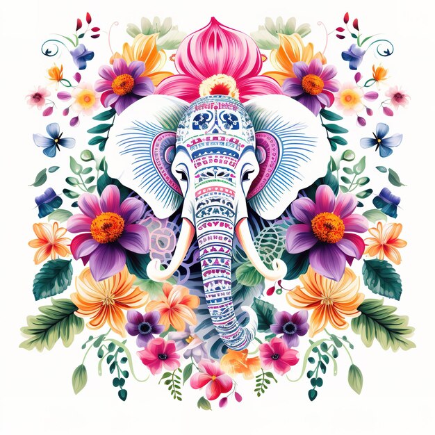 Image de dessin de motif utilisant un éléphant et des fleurs et des feuilles Animales sauvages Illustration IA générative