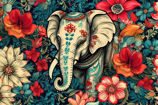 Image de dessin de motif utilisant un éléphant et des fleurs et des feuilles Animales sauvages Illustration IA générative