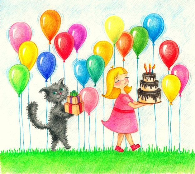 Image dessinée à la main d'une fille et d'un chat allant à la fête d'anniversaire par les crayons de couleur