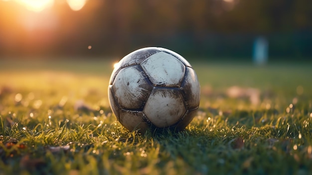 Une image détaillée d'un ballon de football usé sur un terrain herbeux