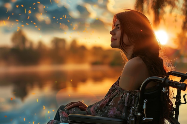 Une image détaillée d'une belle fille dans un fauteuil roulant ses yeux reflétant la lumière chaude alors qu'elle regarde sur un lac serein