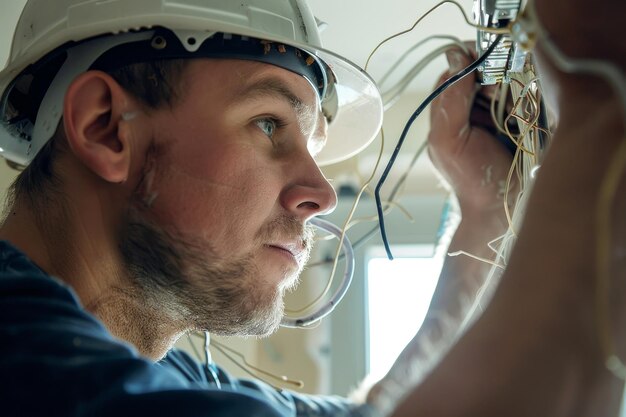 Photo une image détaillée d'un électricien installant un nouvel appareil d'éclairage lors d'une réparation à la maison