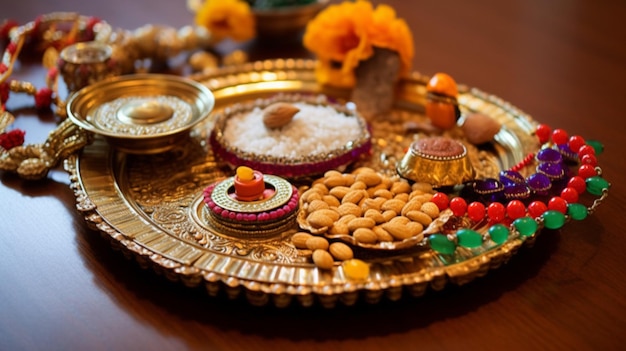 Une image détaillée d'un Puja Thali décoré contenant des offrandes religieuses