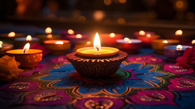 Image détaillée rendue en 3D de Diwali Rangoli avec Diya créée avec Generative AI