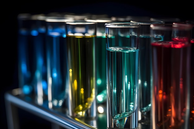 Une image détaillée de tubes à essai de verrerie de laboratoire remplis de liquides colorés Generative Ai