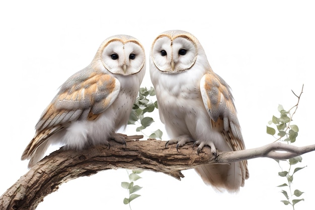 Image de deux effraie des clochers sur une branche sur un fond blanc Oiseaux Animaux Illustration Generative AI