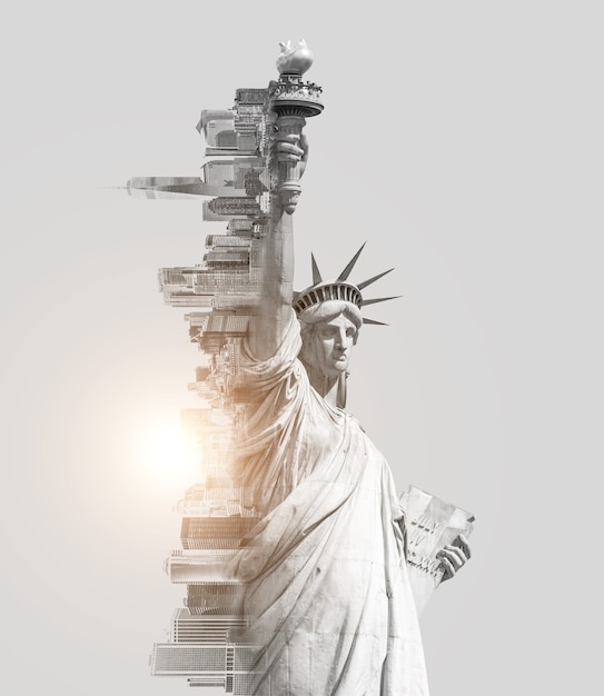 Image à double exposition de la statue de la liberté et de l'horizon de new york avec image tonique de l'espace face