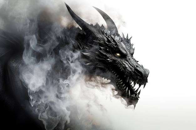 Image d'un dragon et de fumée noire sur fond blanc Créatures mythiques Animal