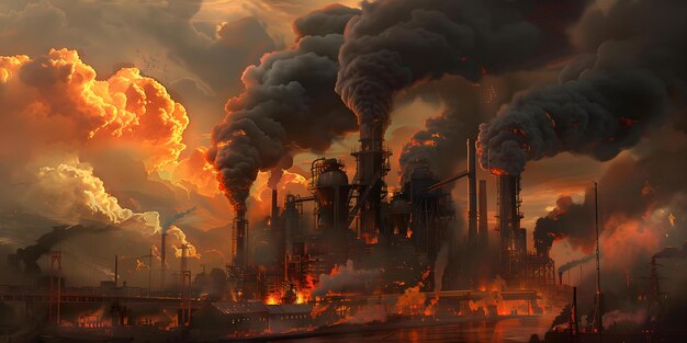 Image dramatique d'une usine en flammes émettant d'épais panaches de fumée Concept Désastre industriel Flammes féroces Usine d'épaisse fumée en flamme Scène apocalyptique