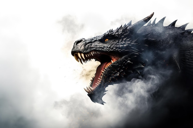 Image d'un drargon et d'une fumée noire sur fond blanc Créatures mythiques Animal
