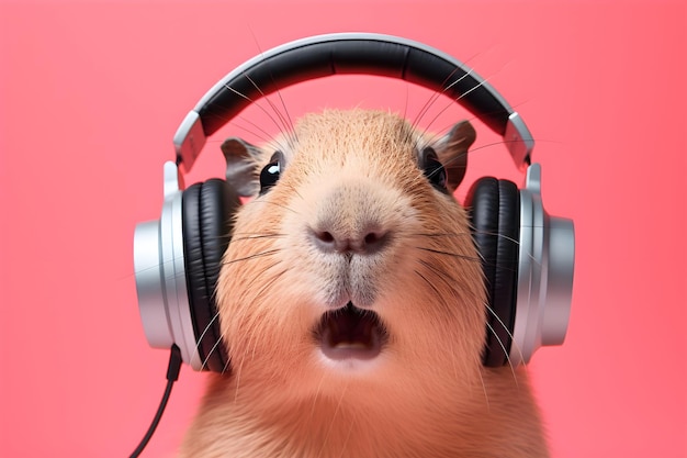 Image drôle de capybara avec un casque sur fond rose