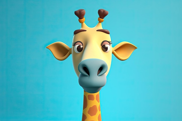 Image drôle d'une girafe de dessin animé 3D dans des couleurs bleues et jaunes avec un fond bleu Generative AI