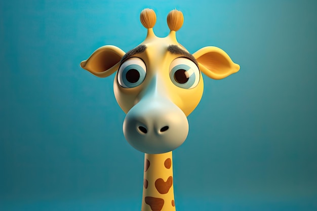 Image drôle d'une girafe de dessin animé 3D dans des couleurs bleues et jaunes avec un fond bleu Generative AI