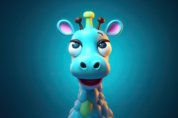 Image drôle d'une girafe de dessin animé 3D dans des couleurs bleues et jaunes avec un fond bleu Generative AI