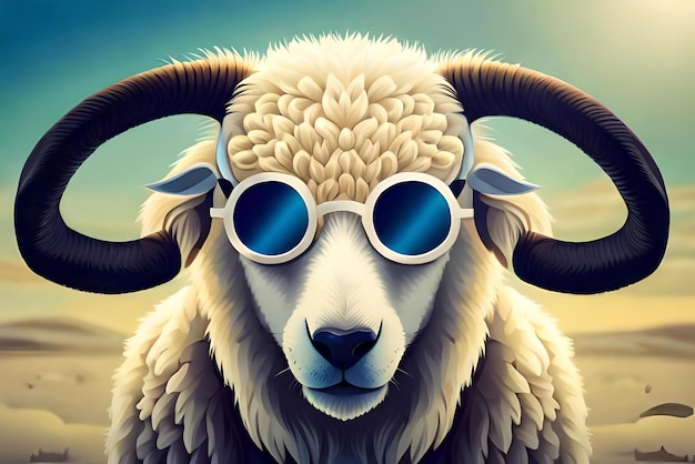 image d'un drôle de mouton portant des lunettes de soleil sur fond bleu