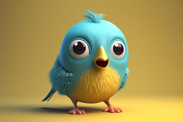 Image drôle d'un oiseau de dessin animé 3D dans des couleurs bleues et jaunes avec un fond bleu AI générative