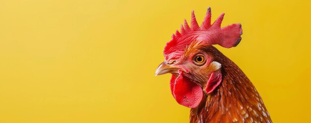 Une image drôle d'une poule sur un fond jaune