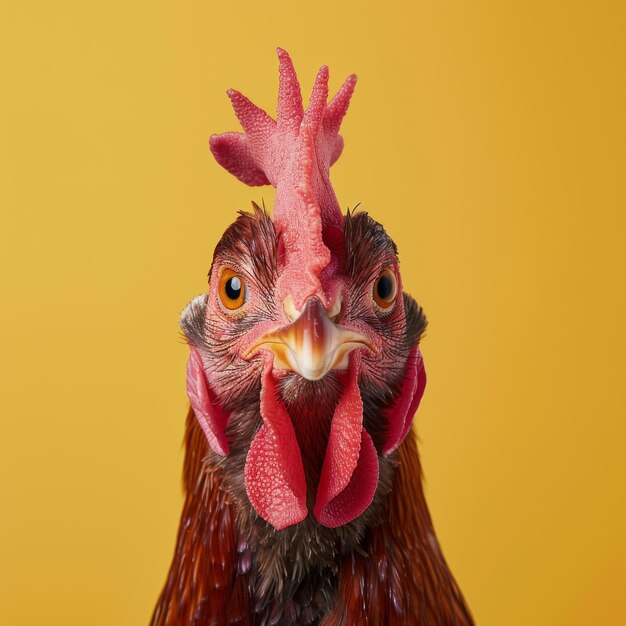 Une image drôle d'une poule sur un fond jaune