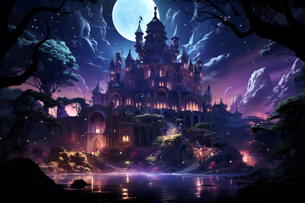 Image du château avec la pleine lune en arrière-plan IA générative