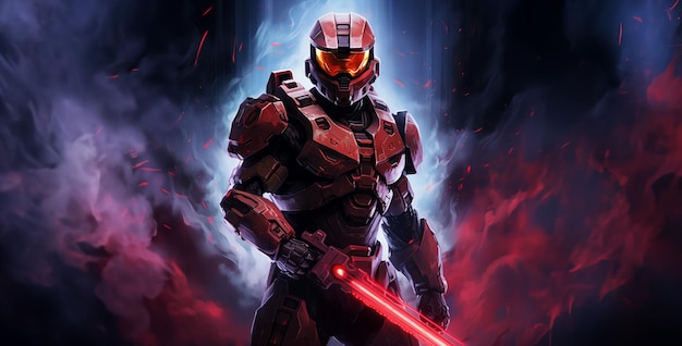 Image du chef principal de Halo avec une épée rouge et un fond d'écran HD gris