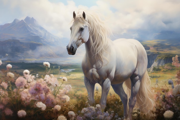 L'image du cheval blanc est dans le jardin avec de belles fleurs dans lesquelles l'arrière-plan est un ciel Faune Animaux Generative AI Illustration