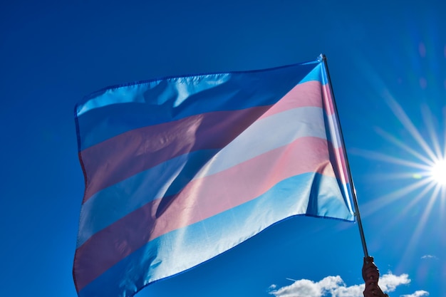 Image du drapeau transgenre contre la lumière soufflant dans le vent avec un ciel bleu en arrière-plan