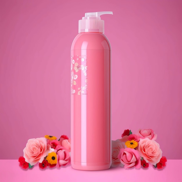 Image du produit Amazon Bouteille de cylindre de lavage pour le corps Couleur unie fond rose avec des roses AI Generative