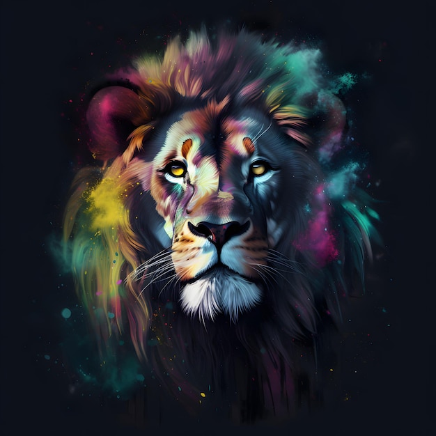 Image du visage d'un lion avec des éclaboussures de peinture colorées AI générative