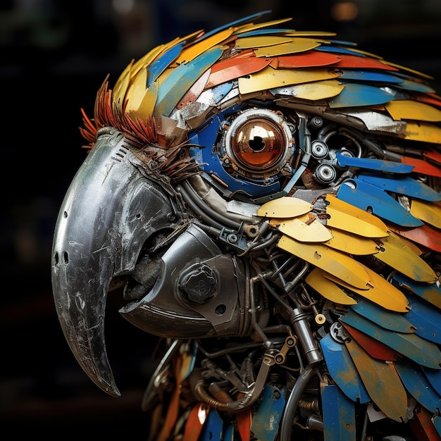 Image du visage de perroquet ara fait d'acier et de divers métaux sur fond propre Oiseaux Faune Animaux Illustration Generative AI