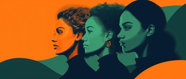 Photo image duotone orange et vert foncé de trois femmes célébrant l'histoire des femmes