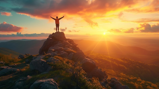 Photo une image dynamique capturant l'essence du succès et de la réalisation mettant en vedette une personne debout sur un sommet de montagne les bras levés surplombant un vaste paysage créé en utilisant une image dynamique ai générative