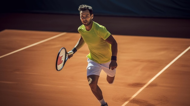 Image dynamique d'un jeune joueur de tennis compétitif en mouvement pendant un match de course avec une raquette sur un terrain de tennis en plein air