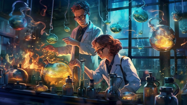 Une image dynamique de jeunes scientifiques menant des expériences dans un laboratoire présentant leurs curiosités