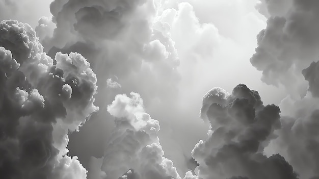 Photo une image en échelle de gris du paysage nuageux les nuages sont doux et moelleux et ils sont éclairés par une lumière brillante d'en haut