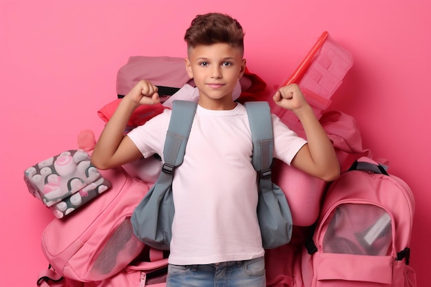 Une image d'un écolier joyeux avec un sac à dos et une pile de livres sur un fond rose AI générative